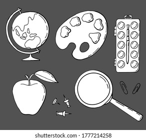 Set of school items. Globe, magnifier, palette, paints, buttons, paper clips, apple. Coloring for children.