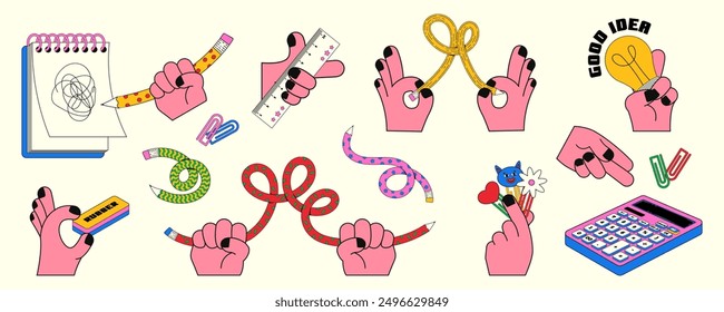 Un conjunto de artículos escolares en las manos. Lápiz flexible, Clips de papel lindos, calculadora rosa, bombilla, Regla en la mano. Ilustración vectorial en estilo lineal retro.