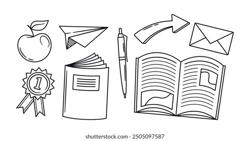 Set Of School Items Including Apple, Paper Airplane, Medal, Book, Pen, Arrow And Envelope Outlined In A Simple Design