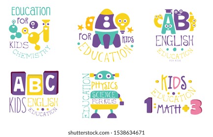 Set of school items logos cartoon vector illustration