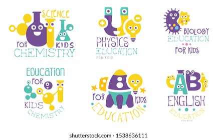 Set of school items logos cartoon vector illustration