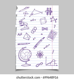 Set of school items on a sheet of paper in the line: handle, bulb, microscope, atom, globe, infinity sign, drawing, calculator, formula, compass. The sketch marker.