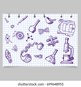 Set of school items on a sheet of paper in a cage: the bulb, the symbol of DNA, retort, spirit lamp, ciliate, pack, pipette, microscope. Sketch marker