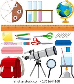 Set of school items on white background illustration