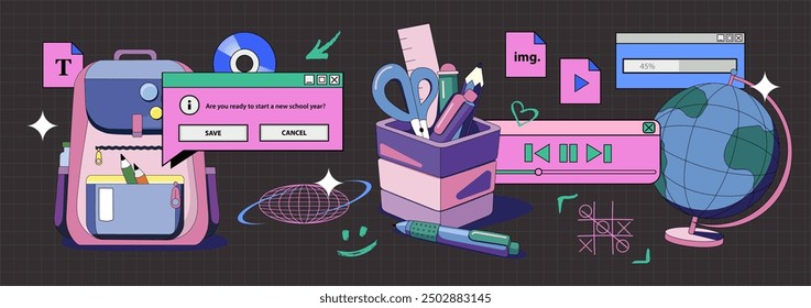 Set of school items painted in retro style in bright colors. A school Backpack, Globe and a Pen Holder are depicted together with the old screen of computer. Desktop screen and folders in 90s style.