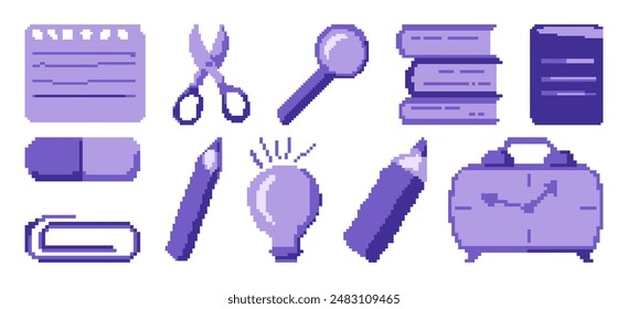 Set of school items in pixel style. Retro illustrations for schoolchildren, students. Books, light bulb, magnifying glass, pencil in purple shades.