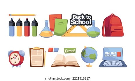 Set Of School Items Rucksack, Highlighters, Notebook, Chemical Flasks And Ruler. Alarm Clock, Clipboard with Pencil, Laptop, Globe And Book or Textbook Design Elements. Cartoon Vector Illustration