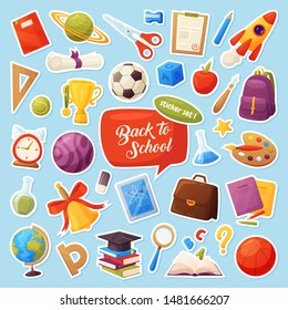 Set of school items stickers. Cartoon objects and supplies include: books, backpack, tablet, magnifier, ball, alarm, ruler, briefcase, flasks, notebook, cap, list, cup. Vector education elements