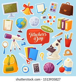 Set of school items stickers. Cartoon objects and supplies include: backpack, tablet,  globe,  ruler, briefcase,  notebook,  list, compass, bell. Vector teacher day elements