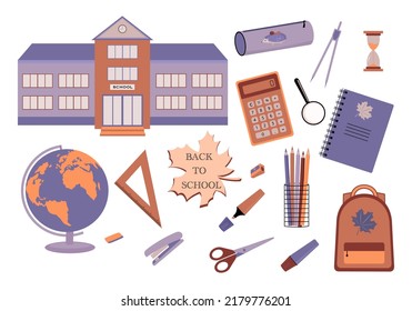 Set of school items. Student subjects. Vector illustration