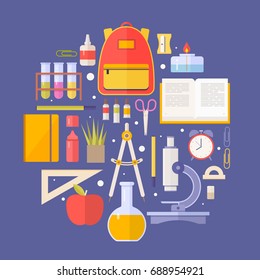 Set school items, supplies: schoolbook, microscope, notebook, backpack, scissors isolated on blue background. Concept education. Back to school. Vector illustration.