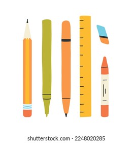 Set of school items. Vector illustration. Flat hand drawn style. Collection of school elements. Back to school. Pen, pencil, eraser, ruler, crayon.
