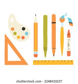 Set of school items. Vector illustration. Flat hand drawn style. Collection of school elements. Back to school. Pen, pencil, eraser, ruler, crayon.