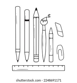 Set of school items. Vector illustration. Doodle style. Collection of school elements. Back to school. Pen, pencil, eraser, ruler, crayon.