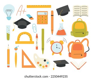 Conjunto de artículos escolares. Ilustración vectorial. Estilo plano. Colección de elementos escolares. De vuelta a la escuela. Fin de la escuela.