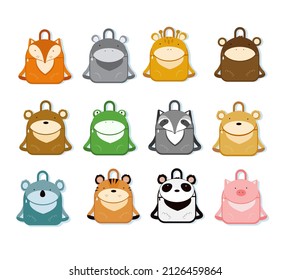 Set of school kawaii backpack, kids , preschooler and schoolchildren bag in shape of animal, flat icon isolated on white background. Back to school