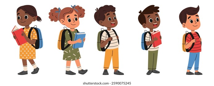 Set of school kids with backpacks and books. Elementary school children. Back to school concept. Hand drawn illustration.