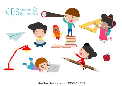 Set of school kids in education concept, back to school template with children, child go to school, back to school, Vector Illustration.