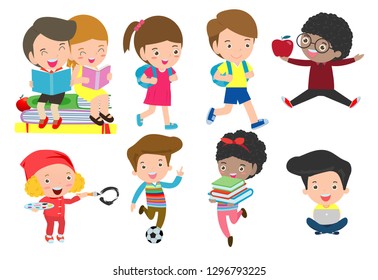 Set of school kids in education concept, back to school template with children, child go to school, back to school, Vector Illustration.