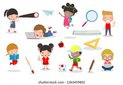 Set of school kids in education concept, back to school template with children, child go to school, Vector Illustration.