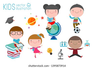 Set of school kids in education concept, back to school template with children, child go to school, back to school, Vector Illustration.