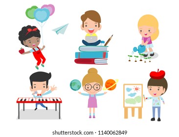 Set of school kids in education concept,happy cartoon kids in classroom,children playing and lifestyle, child go to school, back to school, Vector Illustration.