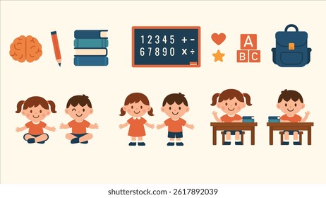 Set of school kids, kindergarten, learning tools, and educational elements in a fun cartoon style, perfect for educational content.Flat vector illustration 
