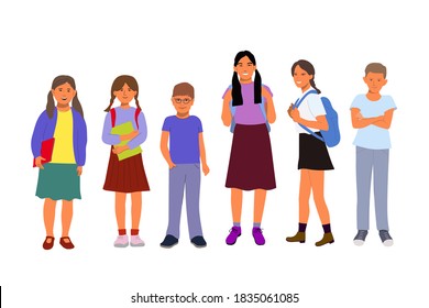 Set of school kids. Pupils with books and backpacks.Vector illustration.