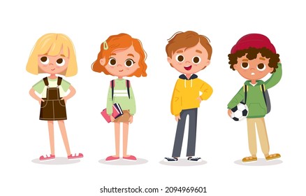 Set of school kids, pupils with books and backpacks. Vector set of preschoolers children, teenagers characters in different poses, clothes, wear. Children fashion models. Kids apparel.