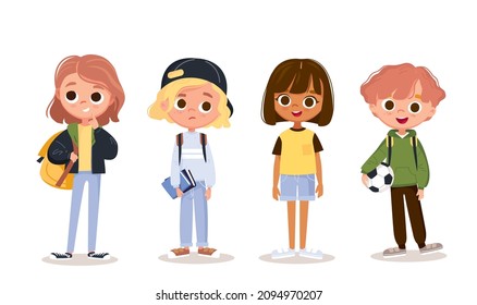 Set of school kids, pupils with books and backpacks. Vector set of preschoolers children, teenagers characters in different poses, clothes, wear. Children fashion models. Kids apparel.