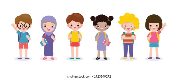 Set of school kids with school supplies, preschoolers children teenagers characters in different poses and Pupils with books and backpack isolated on white background vector illustration flat style