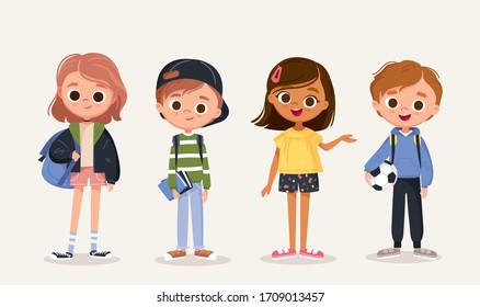 Set of school kids with school supplies.Pupils with books and backpacks. vector.Set of preschoolers children teenagers characters in different poses,clothes,wear. Children fashion models.Kids apparel.