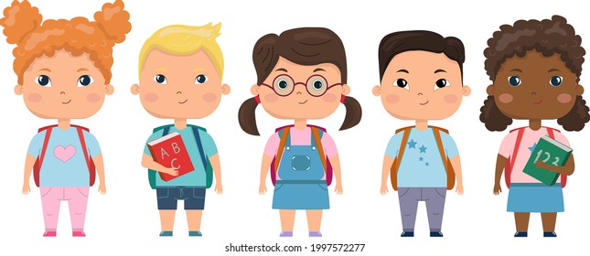 Set of school kids with school supplies.Pupils with books and backpacks. Vector set of preschoolers children different nationality.