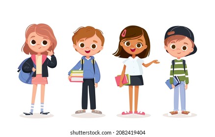 Set of school kids with school supplies.Pupils, children with books and backpacks. Vector set of preschoolers,teenagers, characters in different poses,clothes,wear.Children fashion models.Kids apparel