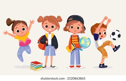 Set of school kids with school supplies.School characters with books and backpacks. Collection of preschoolers, children. Kid's activities. Studying and doing sports.