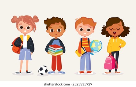 Set of school kids with school supplies.School characters with books and backpacks. Collection of preschoolers, children. Kid's activities. Studying and doing sports.