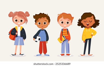 Conjunto de crianças da escola com material escolar.Personagens da escola com livros e mochilas. Coleção de pré-escolares, crianças. Atividades da criança. Estudar e praticar esportes.