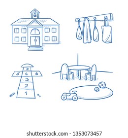 Set of school and kindergarten icons, as shool building, hopscotch, kindergarten room, wardrobe. Hand drawn line art cartoon vector illustration.