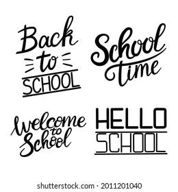 Satz von Schulschreiben. Vektorgrafik. Handgezeichnete Abzeichen. Typografie-Emblem-Set.