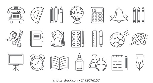 A set of school linear icons isolated on a white background. Editable line