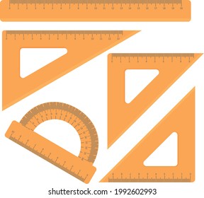 Un conjunto de líneas escolares de color anaranjado, diferentes formas. regla, protractor, triángulo. Regla del protractor de madera. Papelería escolar, ilustración vectorial aislada en fondo blanco.