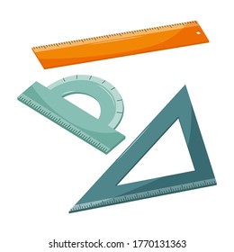 A set of school lines. Ruler, corner, and protractor. Office supplies for drawing work. School supplies. Color vector illustration. Flat style. Hand - drawn isolated on a white background.