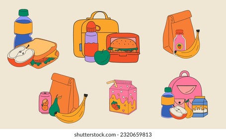 Set of School lunch box, container. Various food. Hand drawn Vector illustration. Isolated elements, design templates. Healthy food concept