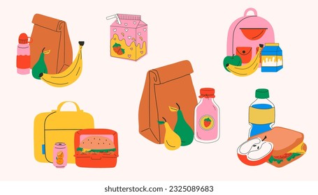 Set of School lunch box, container. Various food. Hand drawn Vector illustration. Isolated elements, design templates. Healthy food concept	