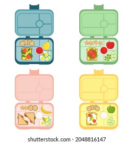 Set of school lunch boxes. Children's trays with sandwiches, fruits and other food items. Storing healthy food.