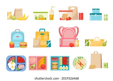 Juego de Cajas de Almuerzo Escolares, Cajones para Niños, Comidas o Bebidas. Colección Lunchbox con comida rápida, frutas sanas o verduras Contenedores en caja y bolsas. Comidas De Cena Acondicionadas. Ilustración del vector de dibujos animados