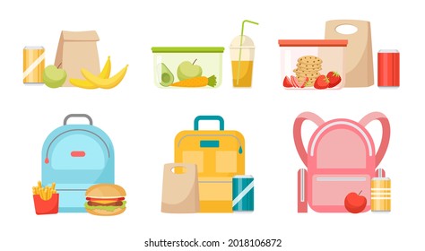 Set Of School Lunch Boxes And Rucksacks, Lunchbox Collection With Fast Food, Healthy Fruits Or Vegetables Boxed In Kids Containers, Drinks And Bags. Packed Meals For Kids. Cartoon Vector Illustration