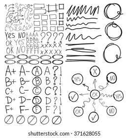 Set of school marks, circle, scribbles,  highlight square frames, check, underlines, zigzags arrows, rectangles borders. Collage grades. Diagram or flowchart, mind mapping. Imitation of hand drawing.