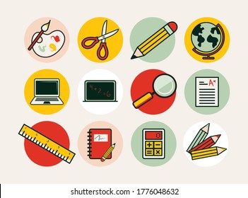 Set of School materials icons. Writing, studying, working, science, math, and art related icons for teaching and learning, online education materials. Vector style flat resizable icons.