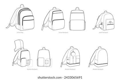 Conjunto de Escuela, Mochilas modulares bolsa de silueta. Ilustración técnica de accesorios de moda. Vector bolso escolar frente 3-4 vista para hombres, mujeres, estilo unisex, bolso plano CAD mockup sketch contorno aislado